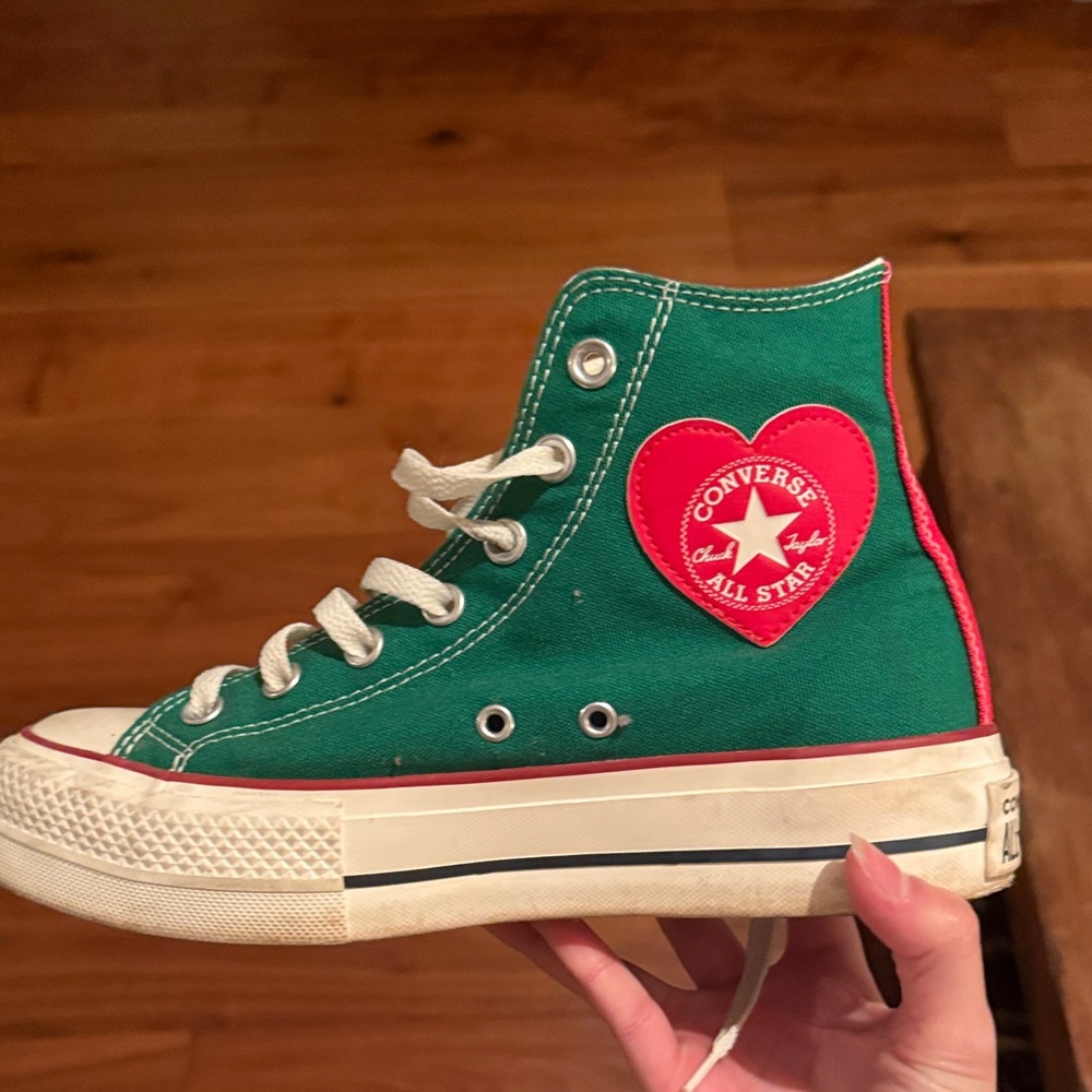 Converse Green High-Tops with Red Heart Patch